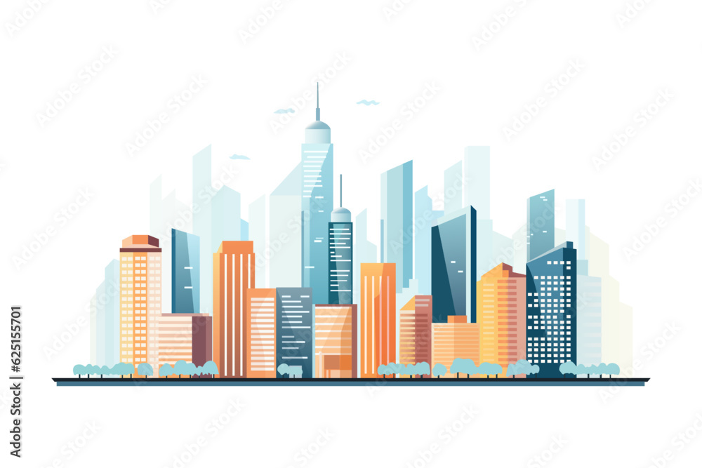 Cityscape with tall skyscrapers and office buildings. Business district of a big city. Skyscrapers of the metropolis. Vector illustration.