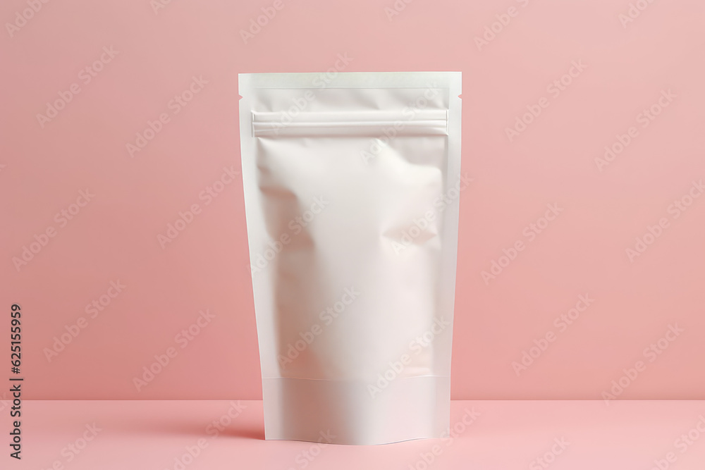 Mockup of an empty paper white bag with zip closure isolated on a flat pastel background with copy space. Packaging template for product design. Mockup of an empty paper white bag with zip closure isolated on a flat pastel background with copy space. Packaging template for product design.