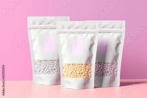 Mockup of an empty paper white bag with zip closure isolated on a flat pastel background with copy space. Packaging template for product design of wax in granules for hair removal.. photo