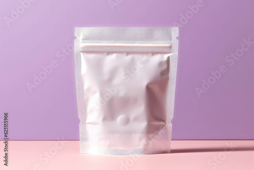 Mockup of an empty paper white bag with zip closure isolated on a flat pastel background with copy space. Packaging template for product design.