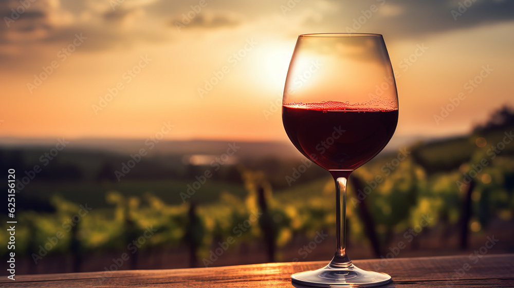 wine glass with red wine pouring On a blurred vineyard background. generative AI