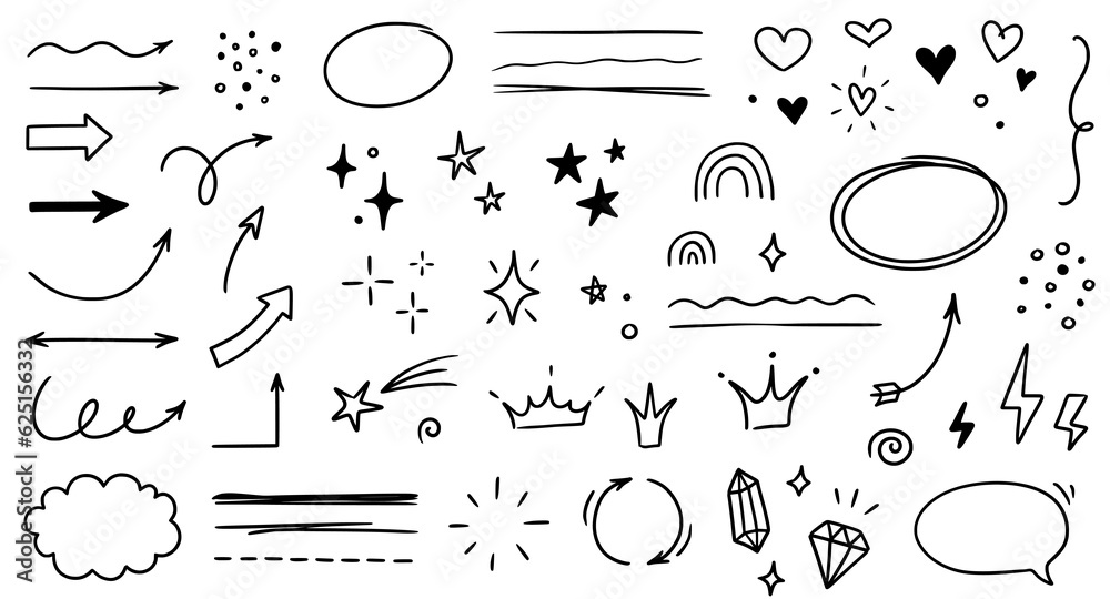 Sketch line arrow element, star, heart shape. Hand drawn doodle sketch style circle, cloud speech bubble grunge element set. Arrow, star, heart brush decoration. Vector illustration