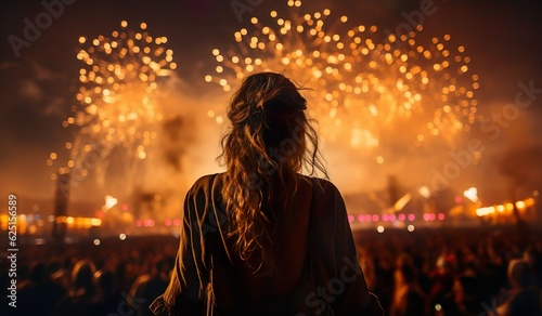 A young woman enjoying herself at a summer fireworks. 