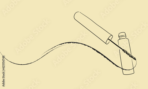 Mascara cosmetics outline. Eyeliner makeup continuous one line drawing. Decorative eyebrow cosmetics on yellow background