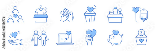 Charity hand, money, blood donation doodle line icon. Charity volunteer, support, blood donor concept icon set. Volunteer heart, donate food hand drawn doodle sketch style line. Vector illustration
