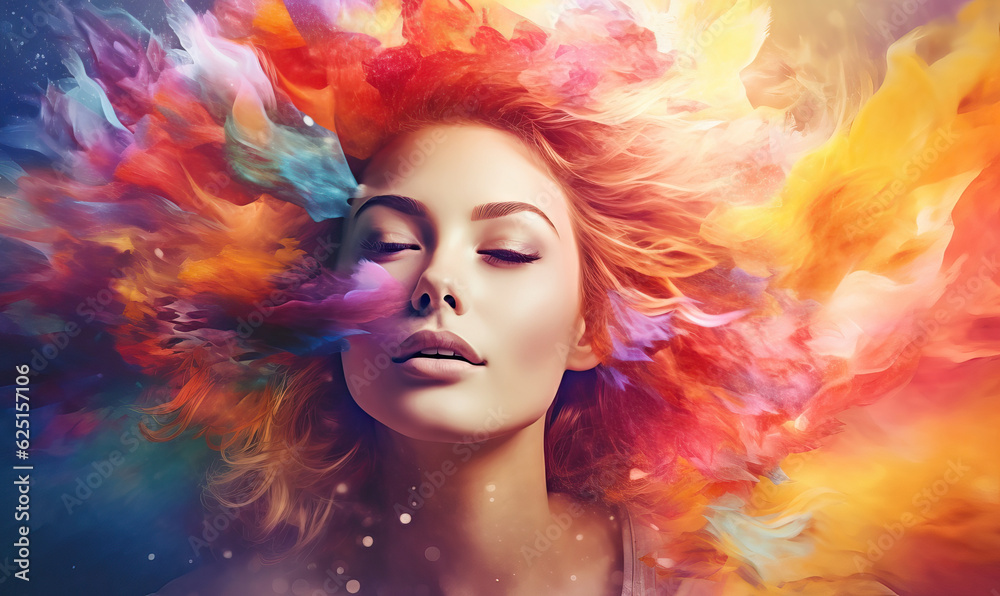 Young woman with rainbow hair - vital female energy. Created using generative AI tools
