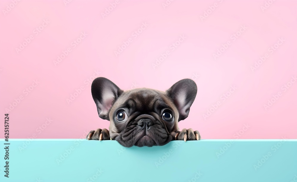Creative Animal Concept. French Bulldog peeking over pastel bright background. Generative AI.