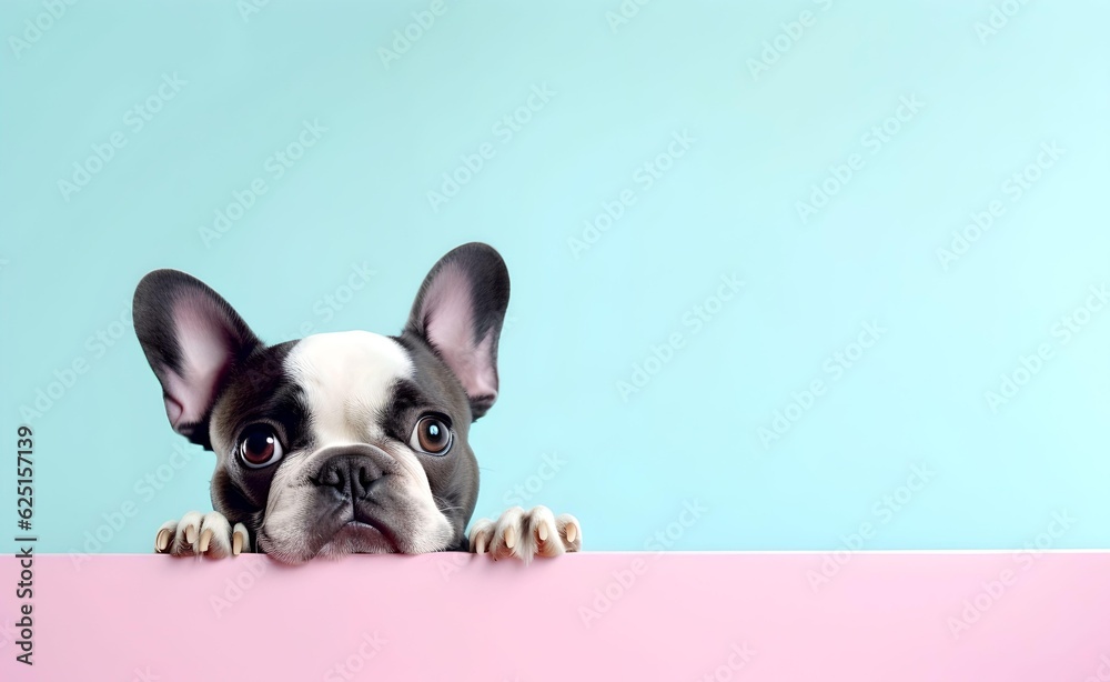 Creative Animal Concept. French Bulldog peeking over pastel bright background. Generative AI.