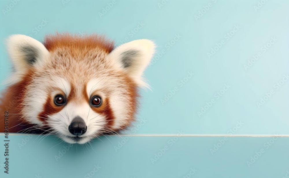 Obraz premium Creative Animal Concept. Red Panda peeking over pastel bright background. Generative AI.