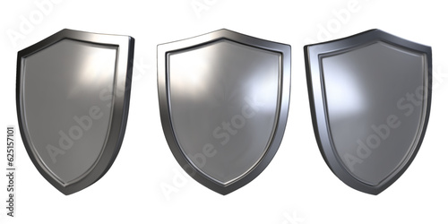 Set of metal shield realistic vector illustration. Blank silver steel metallic panel with reflection glow, award trophy or certificate template