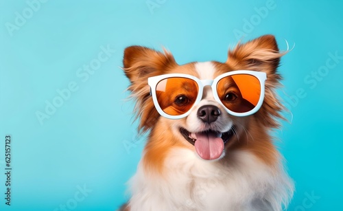 Creative Animal Concept. Summer dog wearing glasses peeking over pastel bright background. Generative AI. © Curioso.Photography
