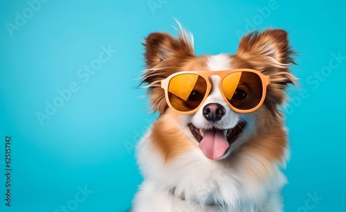 Creative Animal Concept. Summer dog wearing glasses peeking over pastel bright background. Generative AI. © Curioso.Photography