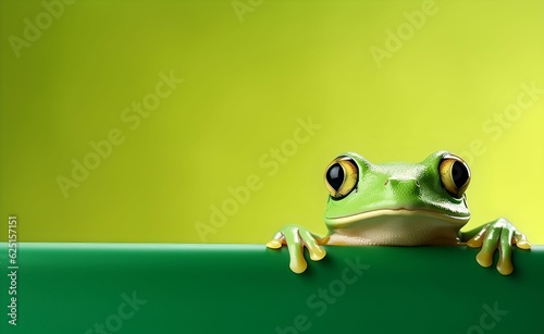 Creative Animal Concept. Green Frog peeking over pastel bright background. Generative AI.