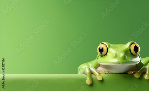 Creative Animal Concept. Green Frog peeking over pastel bright background. Generative AI.