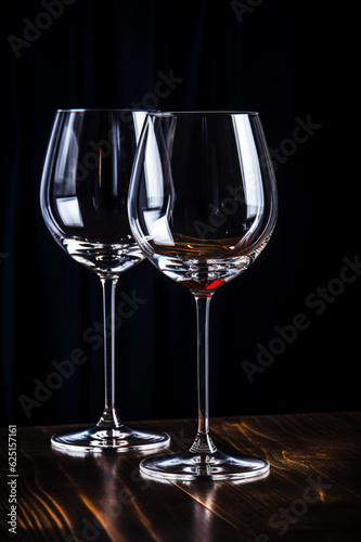 Two empty wine glasses on a dark background. AI generated