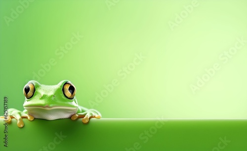 Creative Animal Concept. Green Frog peeking over pastel bright background. Generative AI.