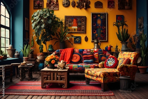 living room interior,tree,temple,winter,color santa,AI generated
