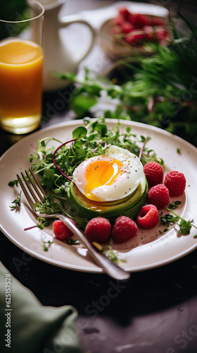 Healthy breakfast - fried eggs, arugula, orange juice, raspberries. Created using generative AI tools