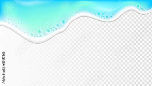Realistic Sea wave on shore. 3d Azure blue ocean water with foam, bubbles backdrop on transparent background . Or dripping detergent foam with water
