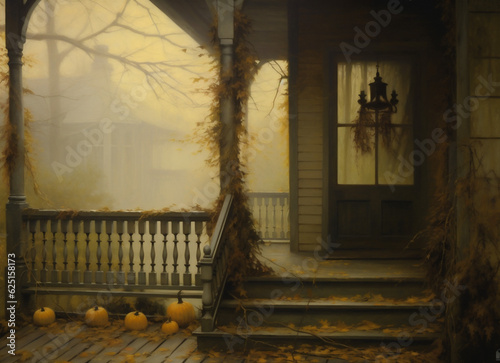 leaf wooden porch door fall house holiday pumpkin decoration halloween. Generative AI. © VICHIZH