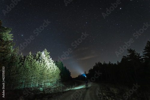 Night scene, a man with a headlamp in the forest under the starry sky in autumn.