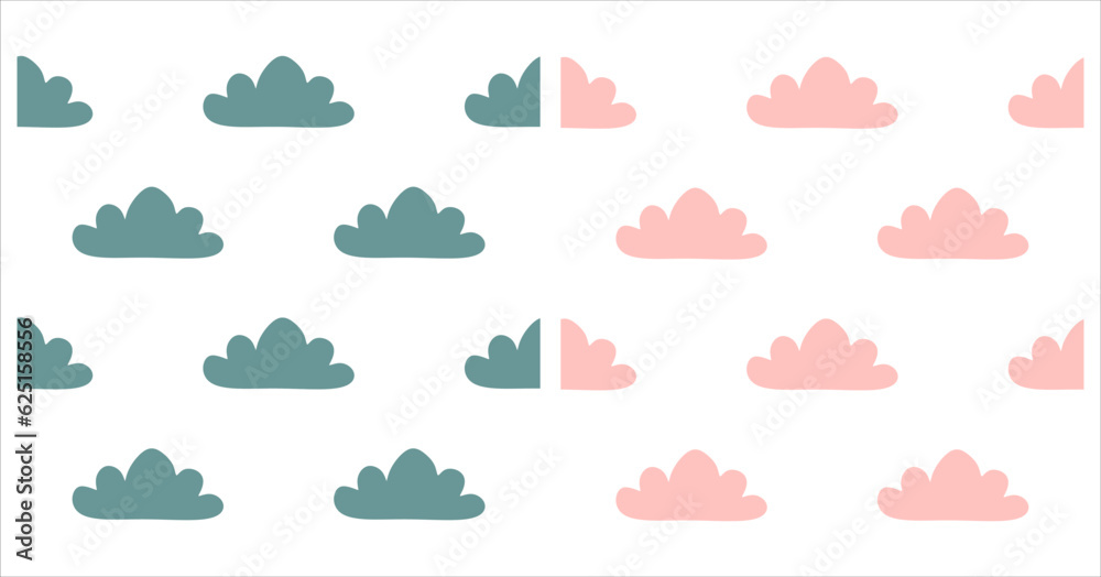 Cloud vector seamless pattern set. Color clouds on white background. Cute template for wallpaper, kid room and Baby shower decor. Sky Collection for wrapping paper, package, child holiday, Postcard.