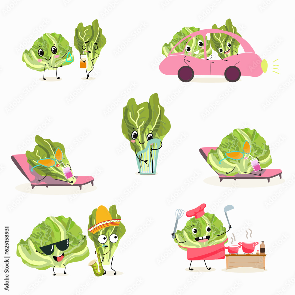 Obraz premium Illustration vector set, collection with funny fresh romano, lettuce,iceberg, salad, vegetable characters doing sports, playing musical instruments. Vector cartoon, agriculture, raw.