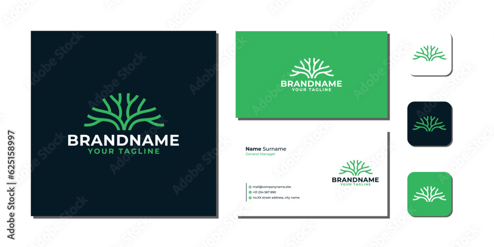 Tree Circle line art Logo Bundle With Business Card And Icon vector