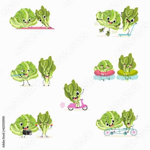 Illustration vector set, collection with funny  fresh
romano, lettuce,iceberg, salad, vegetable characters doing sports, playing musical instruments. Vector cartoon, agriculture, raw.