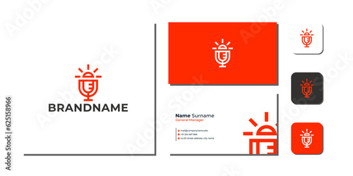 Sun Podcast Microphone Logo Bundle With Business Card And Icon vector