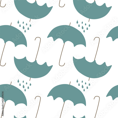 Seamless umbrella pattern. Vector autumn or spring endless background. Rainy autumnal repeat backdrop with blue parasol. Design art for Banner, postcard, sale, textile, fabric, child's room decoration