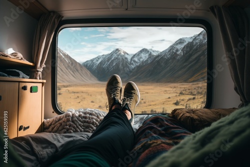 view from inside a camper of crossed legs with the mountains in the background