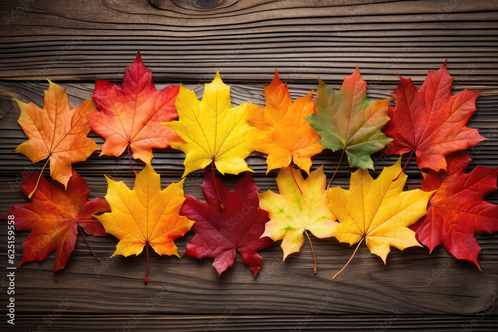 Obraz premium Autumn Maple Leaves Arranged On Wooden Table. Generative AI