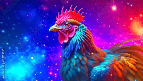 A Rooster in galaxy universe on space glowing background.Animals in the Chinese zodiac calendar,esoteric horoscope and fortune telling concept for design.Generative AI
