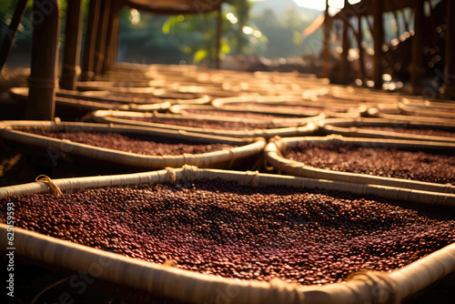 Coffee Berries Drying On Sundried Bamboo Beds. Generative AI