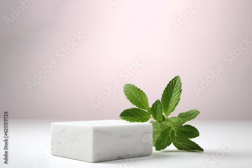 Empty White Podium Stone On White Background, Peppermint Next To It. Mock-Up For Cosmetic Products. Generative AI