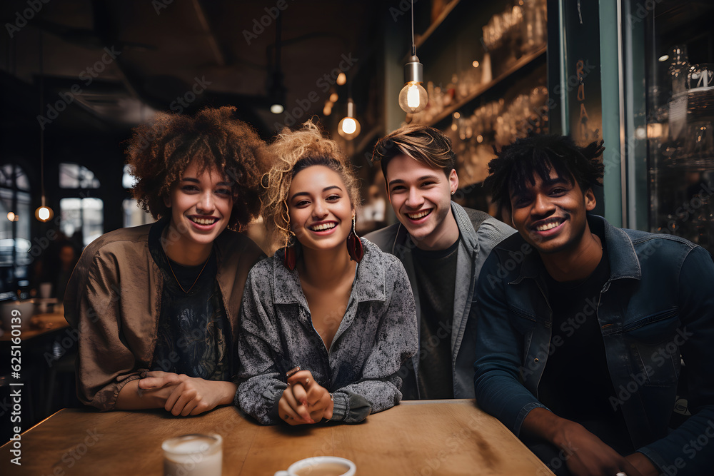 Multiracial group of happy friends are talking and having fun on weekends in coffee shop. Friend day, diversity, lifestyle concept. Generative AI Multiracial group of happy friends are talking and having fun on weekends in coffee shop. Friend day, diversity, lifestyle concept. Generative AI