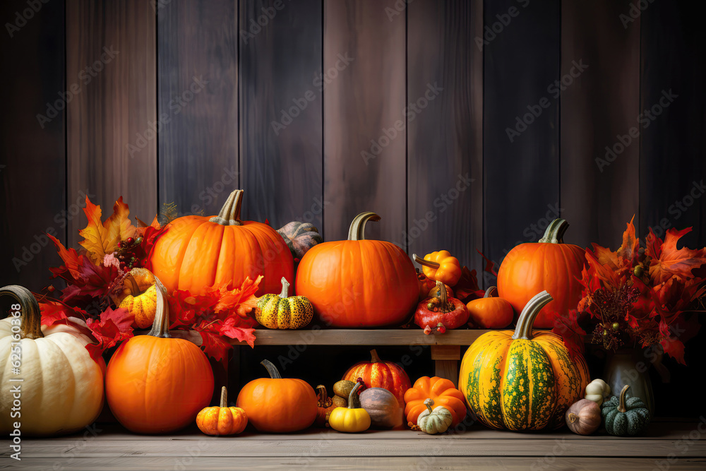 Fall Harvest Decor With Pumpkins And Leaves On Wooden Table. Generative AI