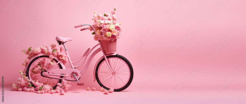 Vintage women's bicycle decorated with fresh flowers isolated on flat pink background with copy space. Creative concept for spring sale of women's bicycles.