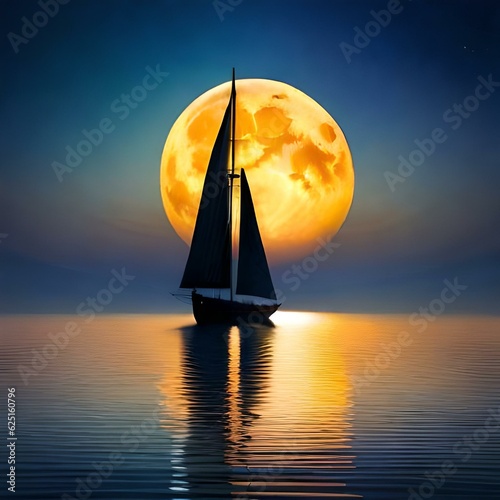 beautiful boat in a sea at moon  night 