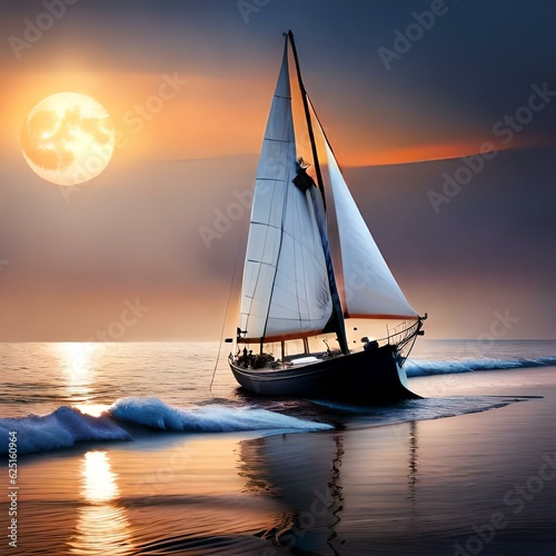 beautiful boat in a sea at moon  night  © hasnain