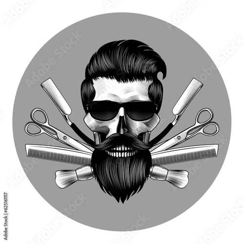 Vintage barbershop emblem, label, badge, logo. Men's hair, mustache and scissors. Vintage engraving stylized drawing. Vector illustration