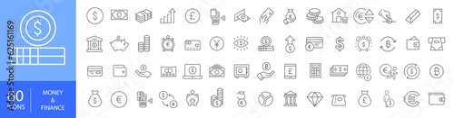 Money and finance. 60 linear icons. 