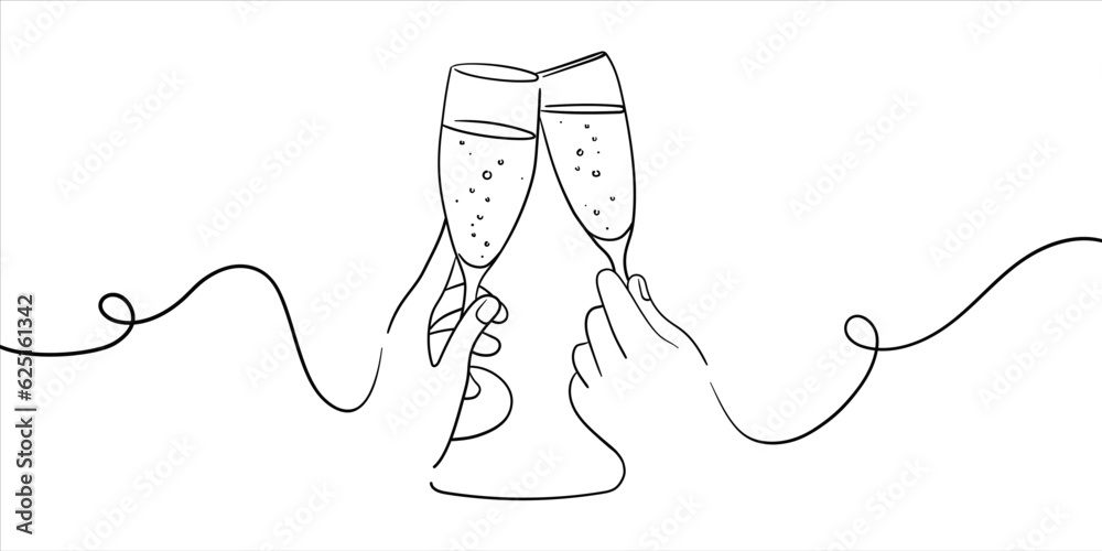 Continuous line champagne cheers one line art, continuous drawing contour. Hands toasting with wine glasses with drinks. Cheers toast festive decoration for holidays. Vector illustration - obrazy, fototapety, plakaty 