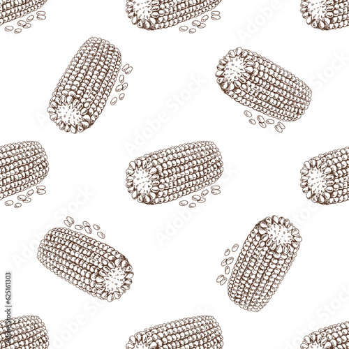Hand-drawn vector seamless pattern of corn. Vintage doodle illustration. Sketch for cafe menus and labels. The engraved image.