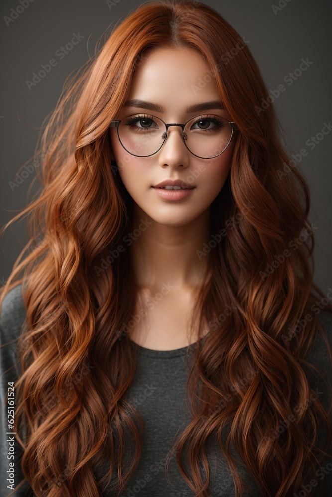 Super model in her early 20s with long dark red hair with glasses Super model in her early 20s with long dark red hair with glasses