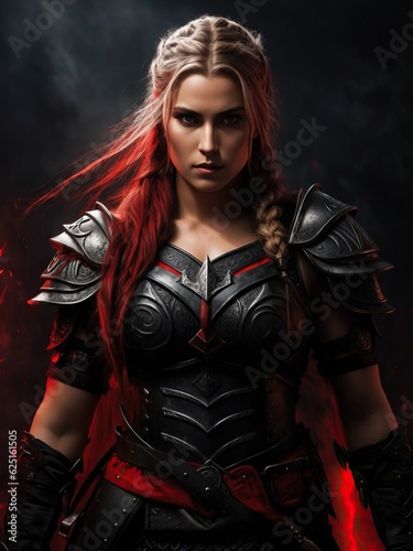 Muscular Viking woman wearing black metal armor with red accents and carrying a black metal sword © DanChik