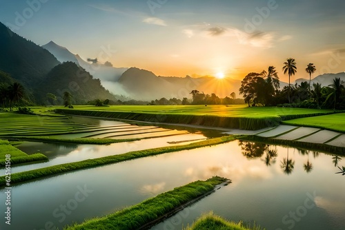 beautiful green fields of Rise with beautiful sunrise