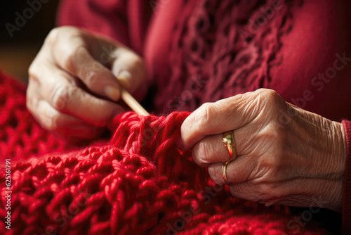 Grandma Knitting Red Scarf Closeup. Generative AI