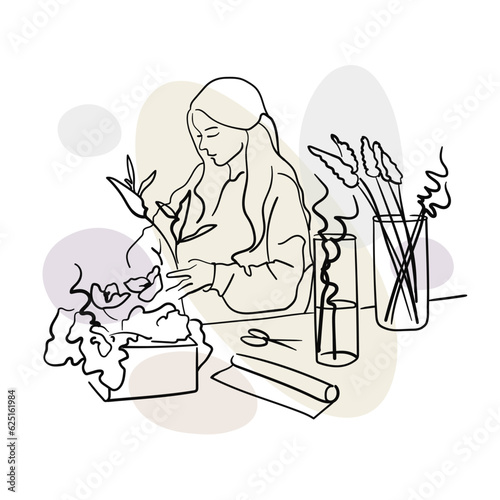 Professional florist working on table. Girl florist with flowers in line-art style with colour shape on a white background. Creation of bouquets. Flora shop. Vector outline illustration